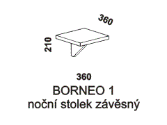 Noční stolek Borneo závěsný – rozměrový nákres. Provedení: masivní malajský dub. Povrchová úprava: olej. Více barevných odstínů.