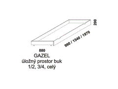 Úložný prostor pod postel Gazel - rozměrový nákres. Provedení: kombinace masiv a LTD. Kvalitní zpracování. Český výrobek.
