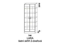 Skříň Lara 2-dveřová - rozměrový nákres. Vhodná do ložnice, studentského nebo dětského pokoje. Provedení: masivní smrk. Vyrobeno v Česku.