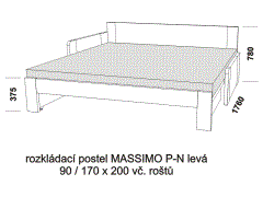 Rozkládací postel Massimo P-N levá z masivu – rozložená. Rozměrový nákres. Do postelí lze použít systém matrací sedák a opěrák nebo 3dílnou matraci.