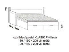Rozkládací postel Klasik P-N levá - rozložená. Rozměrový nákres. Provedení LTD. Do postelí lze použít systém matrací sedák a opěrák nebo 3-dílnou matraci.