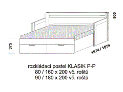 Rozkládací postel Klasik P-P - rozložená. Rozměrový nákres. Provedení LTD. Do postelí lze použít systém matrací sedák a opěrák nebo 3-dílnou matraci.