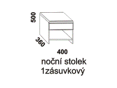 Noční stolek Vivi jednozásuvkový – rozměrový nákres. Provedení: masivní buk. Více barevných odstínů. Kvalitní zpracování. Česká výroba.