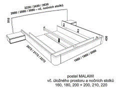 Postel Malawi, včetně nočních stolků a úložného prostoru – rozměrový nákres. Provedení: masivní malajský dub. Více barevných odstínů. Česká výroba.