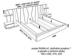 Postel Rawa, včetně úložného prostoru – rozměrový nákres. Panely s nočními stolky. Provedení: masivní malajský dub. Více barevných odstínů. Česká výroba.
