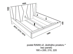 Postel Rawa, včetně úložného prostoru – rozměrový nákres. Bez panelů. Provedení: masivní malajský dub. Více barevných odstínů. Česká výroba. Vysoká kvalita.