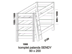 Palanda Sendy z masivu  - rozměrový nákres. Provedení: masivní smrk. Palanda je složená ze dvou samostatně využitelných lůžek a spojovacího dílu se schůdky.