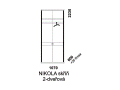 Skříň Nikola 2-dveřová - rozměrový nákres. Vhodná do ložnice. Masiv v kombinaci s přírodní dýhou. Různé druhy dřevin. Česká výroba.