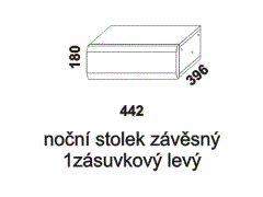 Noční stolek Fly závěsný 1zásuvkový, levý – rozměrový nákres. Česká výroba. Více barevných odstínů. Díky push systému lze zásuvku otevřít pouhým stlačením.