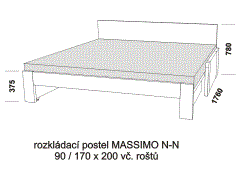 Rozkládací postel Massimo N-N z masivu - rozložená. Rozměrový nákres. Do postelí lze použít systém matrací sedák a opěrák nebo 3-dílnou matraci.