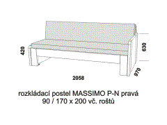 Rozkládací postel Massimo P-N pravá z masivu - složená. Rozměrový nákres. Do postelí lze použít systém matrací sedák a opěrák nebo 3-dílnou matraci.