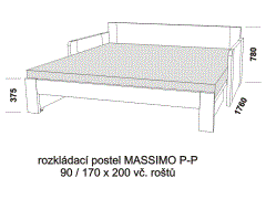 Rozkládací postel Massimo P-P z masivu - rozložená. Rozměrový nákres. Do postelí lze použít systém matrací sedák a opěrák nebo 3-dílnou matraci.