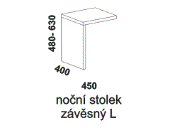 Noční stolek Milano, závěsný L – rozměrový nákres. Provedení: masivní buk. Povrchová úprava: olej nebo lak. Více barevných odstínů.