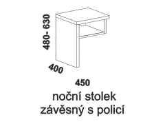 Noční stolek Milano, závěsný s policí – rozměrový nákres. Provedení: masivní buk. Povrchová úprava: olej nebo lak. Více barevných odstínů.