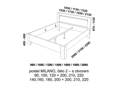 Postel Milano z masivu – rozměrový nákres. Čelo s otvorem. Vysoká kvalita. Provedení: masivní buk. Více barevných odstínů. Česká výroba.
