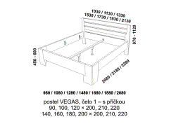 Postel Vegas z masivu – rozměrový nákres. Čelo s příčkou. Vysoká kvalita. Provedení: masivní buk. Více barevných odstínů. Česká výroba.