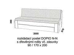 Rozkládací postel Dopio N-N z masivu - složená. Rozměrový nákres. Do postelí lze použít systém matrací sedák a opěrák nebo 3-dílnou matraci.