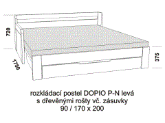 Rozkládací postel Dopio P-N levá z masivu - rozložená. Rozměrový nákres. Do postelí lze použít systém matrací sedák a opěrák nebo 3-dílnou matraci.