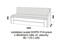 Rozkládací postel Dopio P-N pravá z masivu - složená. Rozměrový nákres. Do postelí lze použít systém matrací sedák a opěrák nebo 3-dílnou matraci.
