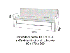 Rozkládací postel Dopio P-P z masivu - složená. Rozměrový nákres. Do postelí lze použít systém matrací sedák a opěrák nebo 3-dílnou matraci.