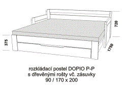 Rozkládací postel Dopio P-P z masivu - rozložená. Rozměrový nákres. Do postelí lze použít systém matrací sedák a opěrák nebo 3-dílnou matraci.