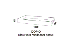 Zásuvka pod rozkládací postel Dopio z masivu - rozměrový nákres. Praktický úložný prostor. Český výrobek. Vysoká kvalita.