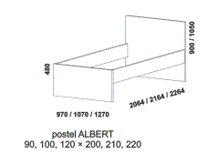 Jednopostel Albert – rozměrový nákres. Provedení LTD. Široká nabídka barevných dezénů. Na výběr jsou 2 různé výšky zadního čela postele. Česká výroba.