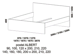 Postel Albert – rozměrový nákres. Provedení LTD. Široká nabídka barevných dezénů. Na výběr jsou 2 různé výšky zadního čela postele. Česká výroba.