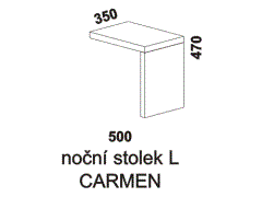 Noční stolek Carmen L – rozměrový nákres. Provedení LTD. Český výrobek. Kvalitní zpracování. Různé druhy barevných dezénů.