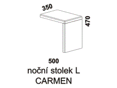 Noční stolek Carmen L z masivu – rozměrový nákres. Provedení: buk, dub. Český výrobek. Kvalitní zpracování. Různé druhy barevných odstínů.