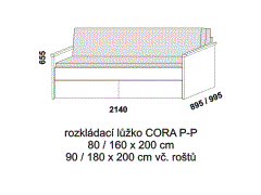 Rozkládací postel Cora P-P – složená. Rozměrový nákres. Provedení LTD. Do postelí lze použít systém matrací sedák a opěrák nebo 3dílnou matraci.