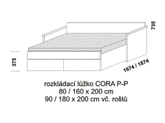 Rozkládací postel Cora P-P – rozložená. Rozměrový nákres. Provedení LTD. Do postelí lze použít systém matrací sedák a opěrák nebo 3dílnou matraci.