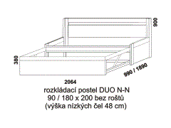Rozkládací postel Duo N-N – rozměrový nákres. Provedení: LTD. Rozkládaní na dvoupostel pomocí speciálního mechanizmu. Postel se dodává bez podkladových roštů.