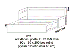 Rozkládací postel Duo V-N levá – rozměrový nákres. Provedení: LTD. Rozkládaní na dvoupostel pomocí speciálního mechanizmu. Postel se dodává bez roštů.