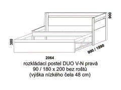 Rozkládací postel Duo V-N pravá – rozměrový nákres. Provedení: LTD. Rozkládaní na dvoupostel pomocí speciálního mechanizmu. Postel se dodává bez roštů.