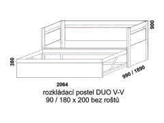 Rozkládací postel Duo V-V – rozměrový nákres. Provedení: LTD. Rozkládaní na dvoupostel pomocí speciálního mechanizmu. Postel se dodává bez podkladových roštů.