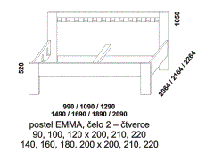 Postel Emma – rozměrový nákres. Čelo čtverce. Provedení LTD. Velký výběr barevných odstínů. Vysoce kvalitní postel české výroby.