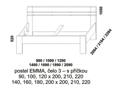 Postel Emma – rozměrový nákres. Čelo s příčkou. Provedení LTD. Velký výběr barevných odstínů. Vysoce kvalitní postel české výroby.
