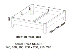 Postel Enya - rozměrový nákres. Obě čela nízká. Provedení: masivní dub, buk. Více barevných odstínů. Zaoblené hrany po celé konstrukci postele.