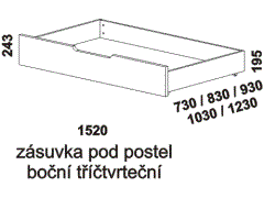 Zásuvka pod postel Enya z masivu, tříčtvrteční - rozměrový nákres. Provedení: masivní buk, dub. Praktický úložný prostor. Česká výroba.