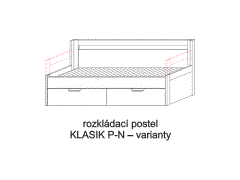 Rozkládací postel Klasik P-N – varianty. Do postelí lze použít systém matrací sedák a opěrák nebo 3dílnou matraci.