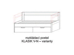 Rozkládací postel Klasik V-N – varianty. Do postelí lze použít systém matrací sedák a opěrák nebo 3dílnou matraci.