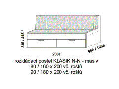 Rozkládací postel Klasik N-N z masivu - složená. Rozměrový nákres. Do postelí lze použít systém matrací sedák a opěrák nebo 3-dílnou matraci.