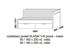 Rozkládací postel Klasik V-N pravá z masivu - složená. Rozměrový nákres. Do postelí lze použít systém matrací sedák a opěrák nebo 3-dílnou matraci.
