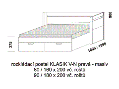 Rozkládací postel Klasik V-N pravá z masivu - rozložená. Rozměrový nákres. Do postelí lze použít systém matrací sedák a opěrák nebo 3-dílnou matraci.