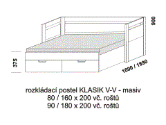 Rozkládací postel Klasik V-V z masivu - rozložená. Rozměrový nákres. Do postelí lze použít systém matrací sedák a opěrák nebo 3-dílnou matraci.