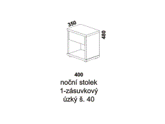 Noční stolek Line jednozásuvkový, úzký - rozměrový nákres. Provedení LTD. Český výrobek. Zaoblené rádiusové hrany. Kvalitní zpracování.