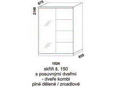 Skříň Line s posuvnými dveřmi - rozměrový nákres. Šíře 150 cm. Vhodná do ložnice. Plné dělené a zrcadlové dveře. Provedení: LTD. Více barevných dezénů.