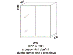 Skříň Line s posuvnými dveřmi - rozměrový nákres. Šíře 200 cm. Vhodná do ložnice. Plné a zrcadlové dveře. Provedení: LTD. Více barevných dezénů.