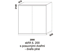 Skříň Line s posuvnými dveřmi - rozměrový nákres. Šíře 200 cm. Vhodná do ložnice. Dveře plné. Provedení: LTD. Více barevných dezénů. Česká výroba.